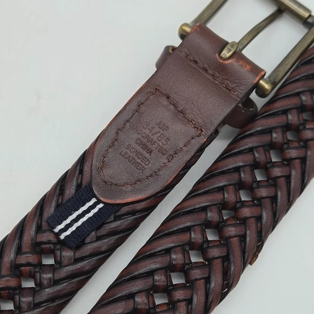 Nautica Braided Belt Brown Leather Mens 34 Bronze Buckle New